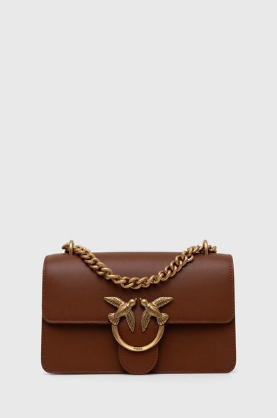 Сумка Pinko Mini Love Bag One Simply через плече з бронзовою фурнітурою в гладкій коричневій шкірі 21x6x13 см 100074A0F1L48Q 100074A0F1L48Q фото