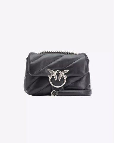 Сумка Pinko Mini Love Bag Puff Maxi Quilt через плече з срібною фурнітурою в чорній стьобаній шкірі 15x9х21 см 100039A0F2Z99O 100039A0F2Z99O фото