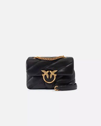 Сумка Pinko Mini Love Bag Puff Maxi Quilt через плече з бронзовою фурнітурою в чорній стьобаній шкірі 21x9х15 см 100039A0F2Z99Q 100039A0F2Z99Q фото