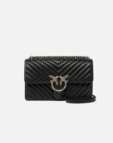 Сумка Pinko Classic Love Bag One Chevron через плече з срібною фурнітурою у чорній стьобаній шкірі 16x8х27 см 100941A0GKZ99O 100941A0GKZ99O фото